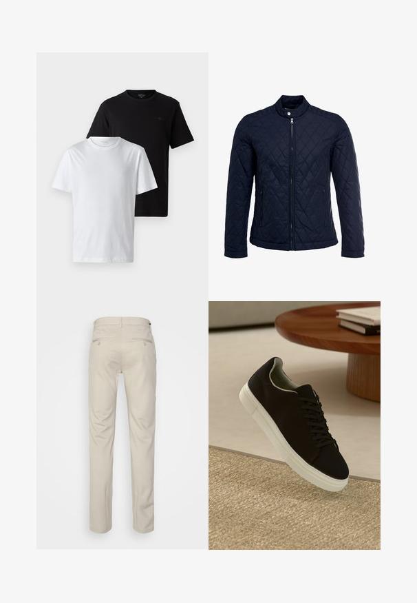 Tengerész kék steppelt dzseki, állógallérral, teljes előlapi cipzárral és két oldalsó zsebbel. Az anyag sima textúrájú, gyémánt mintázattal.; Két póló kiállítva, egy fekete és egy fehér. Mindkettő környakú dizájnnal és egy kis logóval rendelkezik a mellrészen, pamut anyagból készült.; Beige nadrág sima felülettel, egyenes szabással, két gombos hátsó zsebbel és normál derékrésszel.; Fekete sneakers fehér talppal lebeg egy bézs textúrájú szőnyeg felett, egy kerek fából készült asztal közelében, rajta egymásra pakolt könyvekkel.