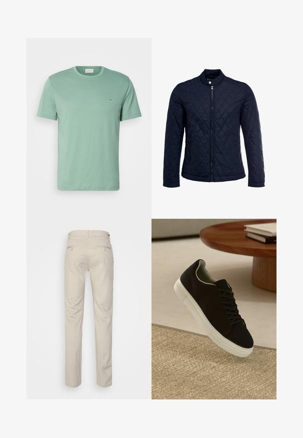 Marinefarbenes wattiertes Jackett mit Stehkragen, durchgehendem Reißverschluss und zwei seitlichen Taschen. Das Material hat eine glatte Textur mit Rautenmuster.; Hellgrünes Baumwoll-T-Shirt mit Rundhalsausschnitt, kurzen Ärmeln und einem kleinen Emblem in der Nähe der linken Brust. Weicher Stoff, normale Passform.; Beige Hosen mit glatter Textur, geradem Schnitt, zwei Gesäßtaschen mit Knöpfen und einem normalen Bund.; Schwarze Sneakers mit weißer Sohle, die über einem beige strukturierten Teppich schweben, in der Nähe eines runden Holztisches mit gestapelten Büchern.