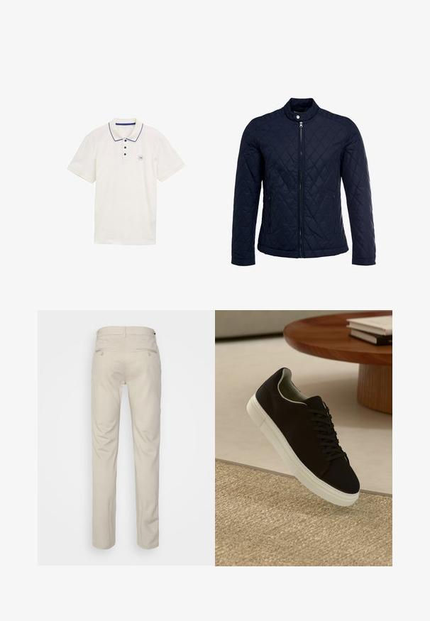 Tamsiai mėlynas užsegamas dubliažinis švarkas su stovinčiu apykakliu, visiškai užtraukiamas priekyje, ir dviem šoninėmis kišenėmis. Medžiaga turi lygią tekstūrą su deimantiniais raštais.; Balta polo marškinėliai, pagaminti iš medvilnės, su dviem mygtukais priekyje, tamsiai mėlynu apykakle ir rankovių akcentais, bei mažu logotipu krūtinėje.; Bežinės kelnės su lygia tekstūra, tiesiu pjūviu, dviem užpakalinėmis kišenėmis su sagomis ir standartine juosmena.; Juodas sportinis batelis su baltu padu, lekiančius virš smėlio spalvos tekstūruoto kilimo šalia apvalaus medinio stalo su sukrautomis knygomis.