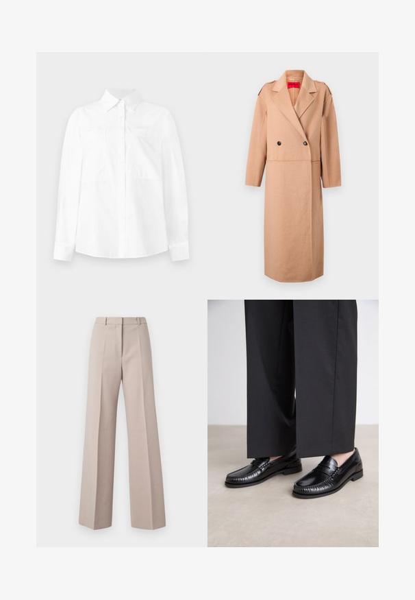 Beige uldblandingsfrakke med dobbeltbrettet design, svungne klapper og to sorte knapper. Har skulderklapper og sidelommer.; Hvid langærmet skjorte med knap- ned krave, to brystlommer og lige pasform. Fremstillet af letvægtsstof med en glat tekstur.; Hvid kortærmet t-shirt lavet af letvægts bomuld. Har en rund halsudskæring og rullede ærmer. Rød logoetiket på kraven.; Beige vide bukser lavet af et glat stof, med høj talje, forkantede folder og en skræddersyet silhuet.; Sorte læder loafers med en glat finish, syet detaljering omkring tæerne og en lav gummisål. Sammen med brede sorte bukser.