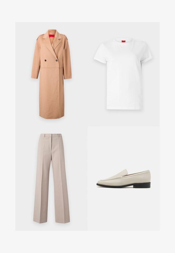 Beige wollen mix jas met een double-breasted ontwerp, geklede revers en twee zwarte knopen. Beschikt over epauletten op de schouders en zijzakken.; Witte T-shirt met korte mouwen, gemaakt van lichtgewicht katoen. Heeft een ronde hals en opgerolde mouwen. Rode merketiket op de kraag.; Beige wijde broek van een soepele stof, met een hoge taille, voorkreuken en een op maat gemaakte pasvorm.; Beige leren instapschoenen met een slank ontwerp, amandelvormige punt, minimale stiksels en een lage zwarte hak. Gladde textuur.