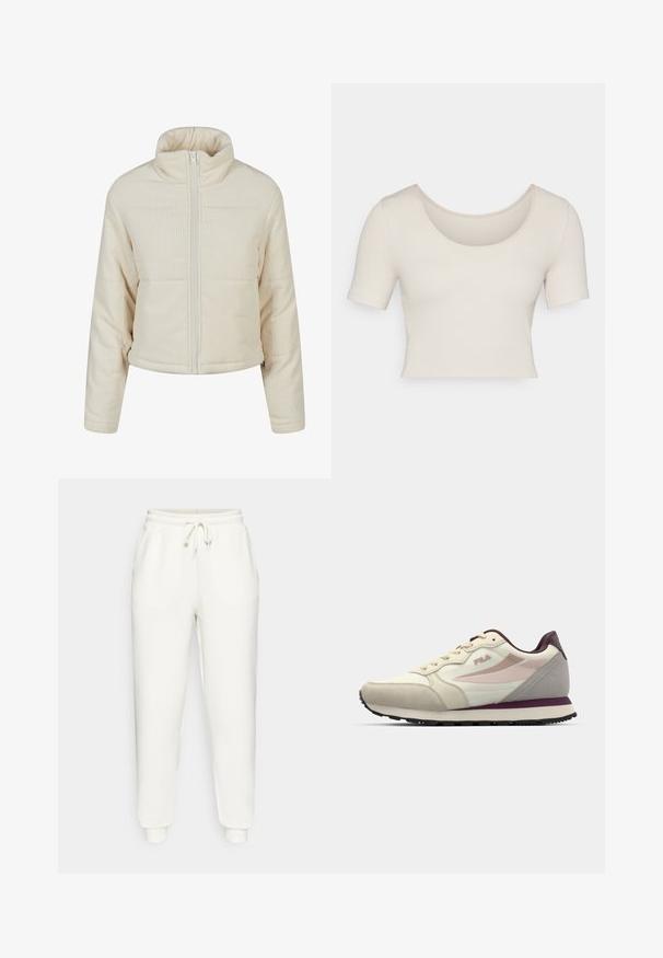 Cremfarbener, taillierter Blazer aus geripptem Material, mit hohem Kragen und durchgehendem Reißverschluss, gepolstertem Design und elastischen Bündchen.; Kurzärmliges, tailliertes Oberteil aus leicht beigem Rippstoff. Verfügt über einen weiten Rundhalsausschnitt und einen enganliegenden Schnitt, der eine glatte Textur betont.; Weiße Sweatpants aus weichem Stoff, mit einem elastischen Bund und einem Kordelzug, seitlichen Taschen und schmal zulaufenden Abschlüssen an den Knöcheln.; Cremefarbene und hellgraue Sneaker mit einer strukturierten Oberfläche, ausgestattet mit rosa und burgunderfarbenen Akzenten, einem Schnürdesign und einer schwarzen Gummisohle.