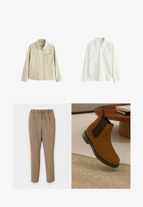 Beige színű, könnyű dzseki cipzáros elejével, strukturált gallérral, mellzsebbel és oldalzsebekkel. Simai textúrával és minimalista dizájnnal rendelkezik.; Krém színű, texturált anyagból készült, gombos ing, nyakkal, két mellzsebbel és hosszú ujjal, gombos mandzsettával.; Beige színű, tapered fazonú nadrág, húzózsinóros derékrésszel, oldalzsebekkel és sima textúrával. Nincsenek látható minták vagy további díszítések.; Barna bőr Chelsea csizma fekete elasztikus oldalsó panelek, lekerekített orr, textúrált gumi talp és egy kis húzószalag a hátsó részen.