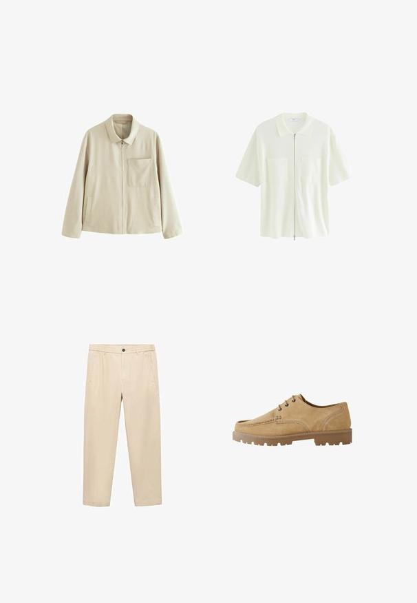 Béžová ľahká bunda s predným zipsom, štruktúrovaným golierom, vreckom na hrudi a bočnými vreckami. Má hladkú textúru a minimalistický dizajn.; Krátky rukáv, biele zipsové tričko vyrobené z textúrovanej tkaniny, s golierom a dvoma prednými vreckami so štvorcovými chlopňami.; Béžové, voľné nohavice z mäkkej tkaniny; majú elastický pás, predné vrecká a rovný strih nohavic.; Svetlohnedé semišové šnurovacie topánky s okrúhlou špičkou, kontrastným prešívaním a hrubou gumovou podrážkou s vzorom pre trakciu.