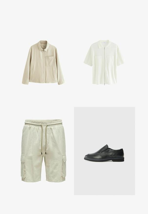 Veste légère beige avec fermeture éclair à l'avant, col structuré, poche poitrine et poches latérales. Présente une texture lisse et un design minimaliste.; Chemise à manches courtes, blanche, à fermeture éclair, en tissu texturé, dotée d'un col et de deux poches avant avec rabats carrés.; Shorts cargo beiges avec un tissu texturé, une taille élastique et un cordon de serrage. Ils comprennent deux poches latérales avec des rabats.; Chaussure slip-on en cuir noir avec une tige lisse, des accents cousus, un bout arrondi et un petit talon en caoutchouc. La semelle présente un profil de traction minimal.