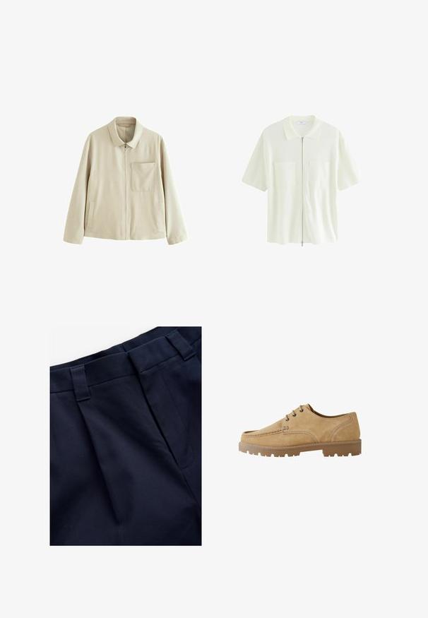 Beige kerge jope, millel on lukuga ees, struktureeritud krae, rinnakott ja küljetaskud. Omab siledat tekstuuri ja minimalistlikku disaini.; Lühikeste varrukate ja valge lukuga pluus, mis on valmistatud tekstureeritud kangast. Pluusil on kraega kaelus ning kaks eesmist taskut ruudukujuliste klappidega.; Tumes plekkpüksid pehme ja tekstuurse kangaga. Omab lame vöökohta ja vöölukke, on loodud mugavuseks ja sobivuseks.; Karmiinpruunid nööriga kingad, ümarate varvastega, kontrastsete õmblustega ning paksu kummitaldaga, millel on kämpingumuster, et tagada haarduvus.