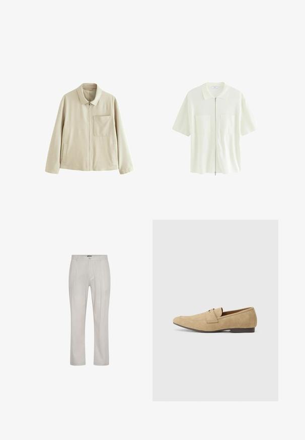 Bežīga viegla jaka ar rāvējslēdzēju priekšā, strukturētu apkakli, krūšu kabatu un sānu kabatām. Tai ir gluda tekstūra un minimālistisks dizains.; Īsām piedurknēm, balts jaku krekls, izgatavots no teksturēta auduma, ar apkakles izgriezumu un divām priekšējām kabatām ar kvadrātveida vāciņiem.; Gai bēšā krāsa bikses, izgatavotas no maiga, gluda auduma. Iespējams taisni griezti, ar priekšpusi krokām un vienu pogu aizdare jostasvietā.; Zābaki no zamša gaiši brūnā krāsā ar nelielu mirdzumu, ar noapaļotu purngalu, bezsaišu dizainu un zemu brūnu papēdi. Smalks šuvju detalizējums.