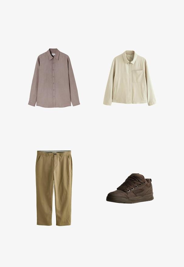 Beige letvægtsjakke med lynlås i front, struktureret krave, en brystlomme og sidelommer. Har en glat tekstur og minimalistisk design.; Langærmet skjorte i en dæmpet brun nuance, lavet af tekstureret stof. Har en krave og en knaplukning foran med grå knapper.; Khaki chinos lavet af en bomuldsblanding, med to sidelommer, knaplukning, lige ben og en glat tekstur.; Brune sportsko lavet af glat syntetisk materiale. Har tykke snørebånd, mesh-detaljer, polstret krave og struktureret gummisål.