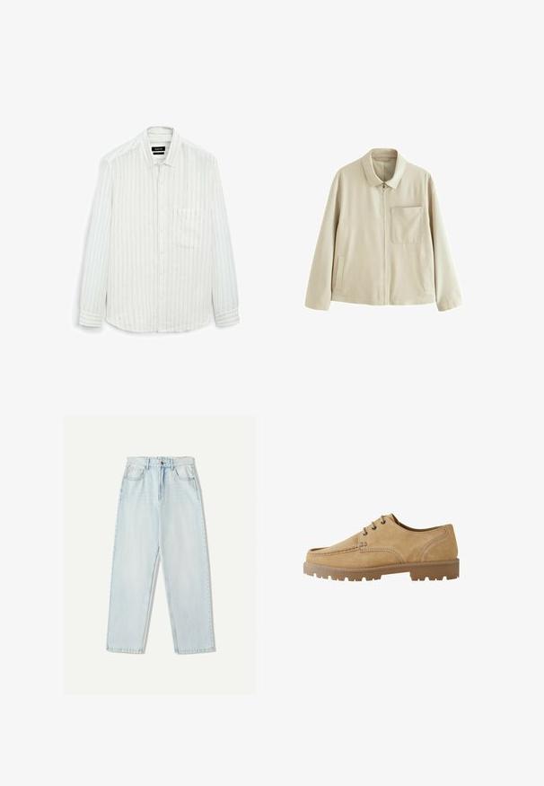Beige, leichte Jacke mit Reißverschluss, strukturiertem Kragen, einer Brusttasche und Seitentaschen. Sie zeichnet sich durch eine glatte Textur und ein minimalistisches Design aus.; Weißes Langarmhemd mit dünnen vertikalen Streifen. Mit Knopfleiste, einer Brusttasche und einem weichen, strukturierten Stoff für eine lockere Passform.; Helle blaue Denim-Jeans mit lässiger Passform, geradem Beindesign, Fünf-Taschen-Stil und dezentem Verblassen des Stoffes.; Beige Wildleder Schnürschuhe mit runder Zehenform, kontrastierenden Nähten und einer dicken Gummisohle mit einem Profilmuster für besseren Halt.