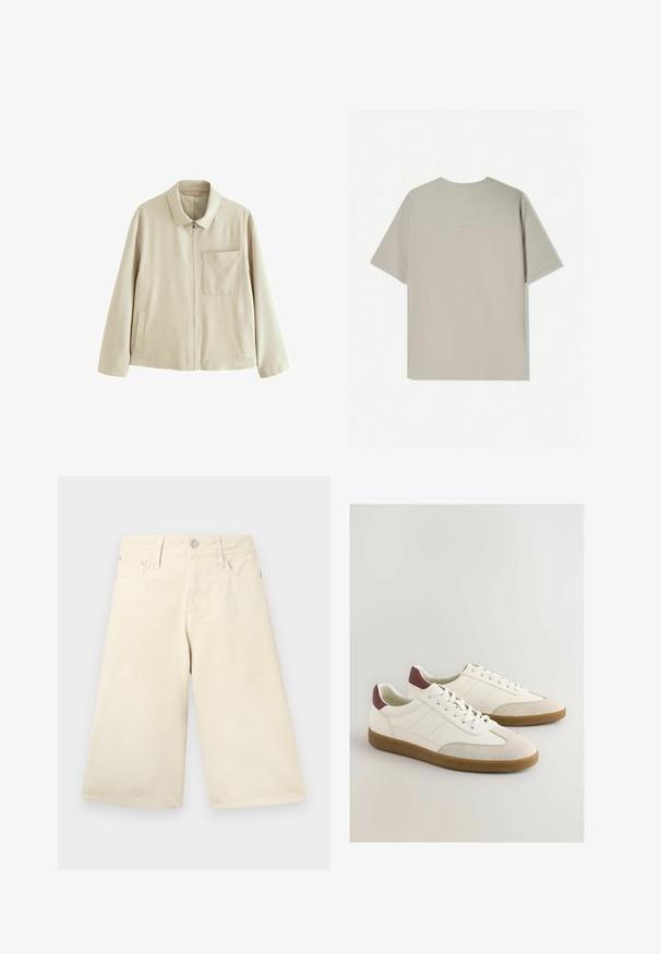 Beige kevyt takki, jossa on vetoketjukiinnitys, jämäkkä kaulus, rintatasku ja sivutaskut. Takissa on sileä pinta ja minimalistinen muotoilu.; Beige puuvillane t-särk lühikeste varrukatega. Omab lihtsat disaini ja ümmargust kaelust. Sile tekstuur, tagaküljel minimaalne õmblus.; Beiget värikkäät leveät shortsit, jotka on valmistettu puuvillasta ja joissa on klassinen viiden taskun muotoilu. Edessä on hopeanvärinen metallinen nappi ja vetoketjukiinnitys.; Valkoiset nahkakengät, joissa on beige vuohennahkainen kärki, burgundinvärinen kantapääkorostus ja rei'itetyt sivuyksityiskohdat, jotka ovat ruskealla kumipohjalla.