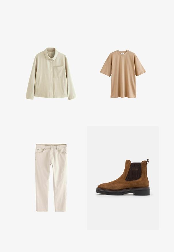 Veste légère beige avec fermeture éclair à l'avant, col structuré, poche poitrine et poches latérales. Présente une texture lisse et un design minimaliste.; T-shirt beige à manches courtes en coton avec un col rond et une coupe décontractée, présentant une texture lisse sans motifs ni accents.; Jean slim beige clair avec une jambe droite, cinq poches, fermeture à bouton et à glissière, et coutures renforcées le long des seams.; Bottines en suede marron avec un bout arrondi et des panneaux latéraux élastiques. Présente un accent texturé noir et une languette à l'arrière. Semelle noire.