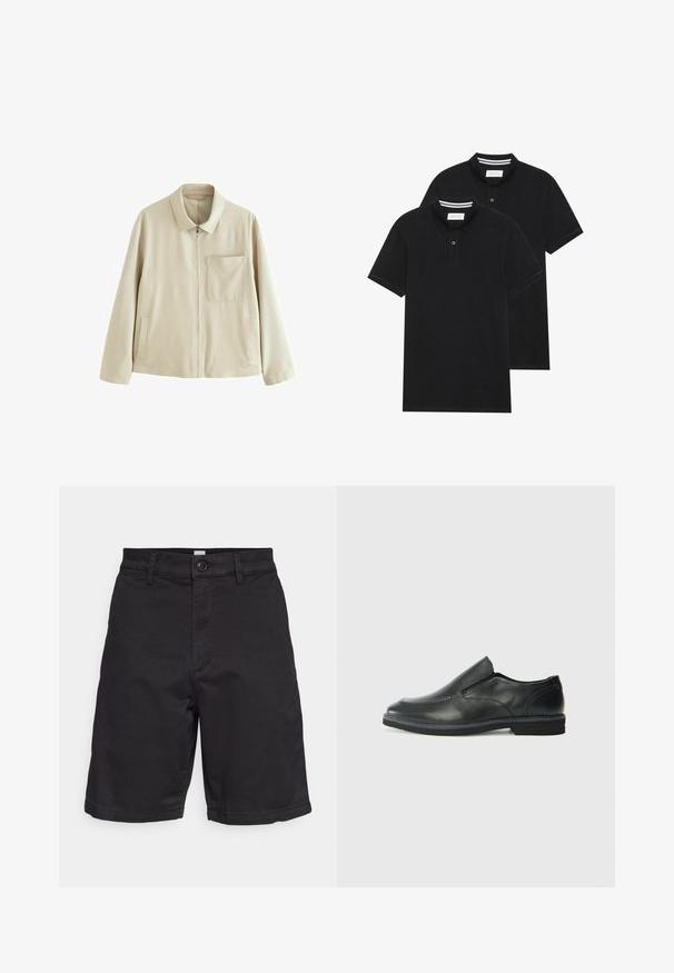 Beige színű, könnyű dzseki cipzáros elejével, strukturált gallérral, mellzsebbel és oldalzsebekkel. Simai textúrával és minimalista dizájnnal rendelkezik.; Két fekete pólóing, rövid ujjú, pamut anyagból készült, klasszikus gallérral, két gombos gombolással, és fehér csíkos díszítéssel a gallér belső részén.; GAP ESSENTIAL SHORT - Rövidnadrágok - true black; Fekete bőr, slip-on cipő sima felsőrésszel, varrott díszítéssel, lekerekített orral és alacsony gumitalppal. A talpa minimális bordázattal rendelkezik.