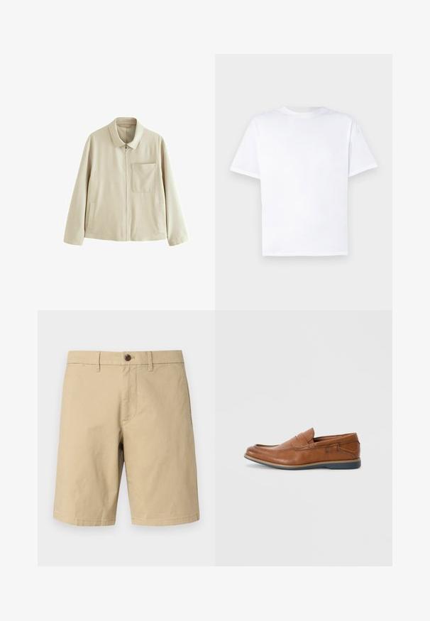 Beige kerge jope, millel on lukuga ees, struktureeritud krae, rinnakott ja küljetaskud. Omab siledat tekstuuri ja minimalistlikku disaini.; Valge puuvillane T-särk ümmarguse kaelusega ja lühikeste varrukatega. Sile tekstuur, sirge lõige, ilma mustrite või aktsentideta. Ainult tagasiside.; GAP VINTAGE - Lühikesed püksid - khaki; Prunadest nahkkingad ümmarguse varbaga, õmmeldud detailide ja madala kummitaldaga. Disain sisaldab riba üleval.