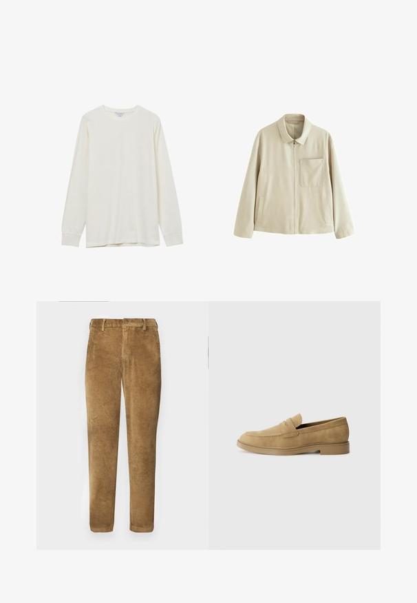 Beige, leichte Jacke mit Reißverschluss, strukturiertem Kragen, einer Brusttasche und Seitentaschen. Sie zeichnet sich durch eine glatte Textur und ein minimalistisches Design aus.; Langärmliges Shirt mit Rundhalsausschnitt aus weichem, strukturiertem, elfenbeinfarbenem Stoff, mit lässiger Passform und gerippten Bündchen. Keine sichtbaren Logos oder Muster.; Braune Cordhosen mit vertikal gerippter Textur, geradem Schnitt, Knopfverschluss und Gürtelschlaufen. Glattes Gewebe mit weicher Oberfläche.; Tanfarbene Wildleder-Slipper mit abgerundetem Zehenbereich, niedrigem Blockabsatz und gesteppten Details auf dem Obermaterial. Glatte Textur und minimalistisches Design.