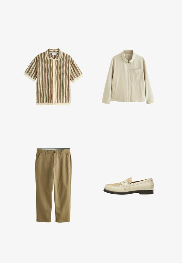 Beige lightweight jacket with a zip front, structured collar, a chest pocket, and side pockets. Features a smooth texture and minimalist design.; Next SHORT SLEEVE - Print T-shirt - neutral sage green; Khaki chinos made of cotton blend, featuring two side pockets, a button closure, straight legs, and a smooth texture.; Beige leather loafers with woven detail on the toe and a flat brown sole. Features a decorative strap across the front.