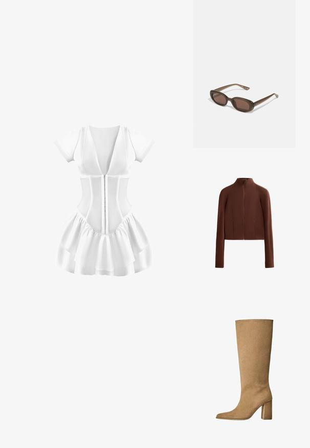 Veste marron, courte, en matériau lisse, avec un col montant et des manches longues. Les poches avant zippées ajoutent de la fonctionnalité.; Robe blanche à manches courtes, décolleté en V profond, corsage ajusté et jupe à volants superposés. Tissu texturé avec fermeture éclair à l'avant.; Botte en daim beige montant jusqu'au genou avec un talon carré, dotée d'un bout pointu et d'une texture lisse. Design minimaliste sans embellissements.; Lunettes de soleil ovales marron avec des verres foncés. La monture est en matériau transparent marron et comporte un logo imprimé sur les branches.; Sac fourre-tout tissé beige avec un design décontracté et une seule sangle pour l'épaule. Présente un motif texturé sur toute la surface.