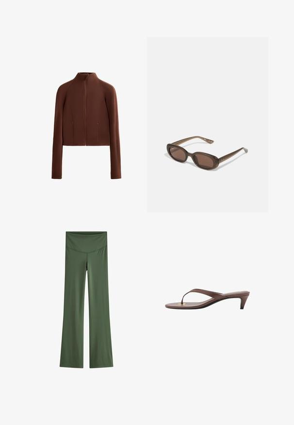 Bruine, cropped jas van soepel materiaal, met een hoge kraag en lange mouwen. Ritszakken aan de voorkant zorgen voor functionaliteit.; Witte gebreide trui met een V-hals en lange mouwen. Beschikt over een textuur in diamantpatroon en een klein logo op de linkerborst.; Uitlopende leggings van effen olijfgroen stof, met een soepele tailleband en een strak ontwerp zonder opvallende patronen of versieringen.; Bruine hakken flip-flop sandaal met een slanke band en ronde teenpost, met een kleine gouden accent op de voetbed.; Brown ovalen zonnebrillen met donkere lenzen. Het montuur is gemaakt van doorzichtig bruin materiaal en heeft een logo dat op de slapen is gedrukt.; Geweven beige draagtas met een slungelige vorm en een enkele schouderband. Kenmerkt zich door een textuurpatroon over het hele oppervlak.