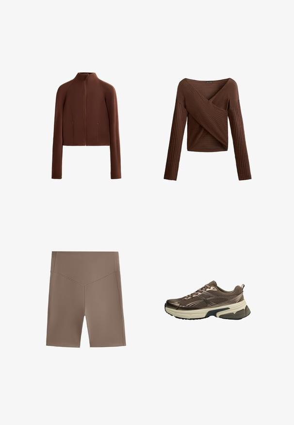 Ruskea, lyhyt takki, joka on valmistettu sileästä materiaalista ja jossa on korkea kaulus ja pitkät hihat. Vetoketjulliset etutaskut lisäävät käytännöllisyyttä.; Ruskea ribattuja pitkähihainen paita, jossa on ristiin menevä V-kaula-aukko, teksturoitu kangas ja tiivis siluetti. Siinä on pitkät hihat ja lyhyt pituus.; Ruskeat urheilusortsit, joissa on istuva muotoilu, sileä pinta ja vyötärönauha. Ominaisuuksia ovat yksinkertainen leikkaus ja siisti helma.; Ruskeat urheilukengät, joissa on verkkotoppa, metalliset yksityiskohdat, paksu valkoinen välipohja ja teksturoitu musta pohja. Varustettu nauhoilla ja vetotarralla.
