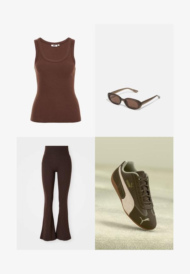 Barna, rövidített dzseki sima anyagból, magas nyakkal és hosszú ujjakkal. Cipzáras elülső zsebek növelik a funkcionalitást.; Barna bordázott ujjatlan felső, lekerekített nyakkivágással, széles vállpántokkal és testhez simuló szabással, puha elasztikus anyagból.; Barnás, bővülő leggings, puha, rugalmas anyagból, magas derékkal és testhez álló fazonnal, amely a bokánál bővül.; Barna Puma sportcipő bézs csíkkal és logóval, fűzős, egy textúrált bézs felületen pihen.; Barna ovális napszemüveg sötét lencsékkel. A keret átlátszó barna anyagból készült, és logóval van nyomtatva a szárakon.; Szőtt bézs tote táska laza kialakítással és egyetlen vállpánttal. A felületén textúrált minta található.