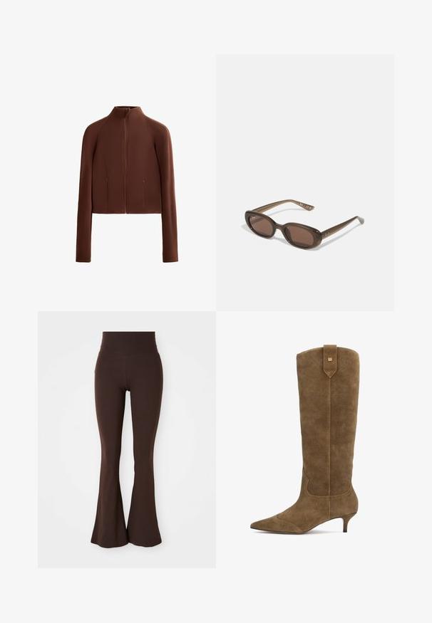 Braune, taillierte Jacke aus glattem Material, mit hohem Kragen und langen Ärmeln. Mit Reißverschlüssen ausgestattete Vordertaschen bieten Funktionalität.; Weißes Langarmtop mit einem Boot-Ausschnitt. Hergestellt aus weichem Material, zeichnet sich durch ausgestellte Ärmel und einen geraden Saum aus und bietet ein einfaches und vielseitiges Design.; Braune ausgestellte Leggings aus weichem, dehnbarem Stoff, mit einem hohen Bund und einer angepassten Silhouette, die am Knöchel ausgestellt ist.; Olivegrüne Kniehohe Stiefel aus Wildleder mit spitzer Zehe und 5 cm Absatz, ausgestattet mit einem gesteppten Design und einer Hinterlasche mit goldfarbenem Akzent.; Braune ovale Sonnenbrillen mit dunklen Gläsern. Das Gestell besteht aus einem transparenten braunen Material und hat ein auf den Bügeln aufgedrucktes Logo.; Beige Woven Tote Bag mit lässigem Design und einem einzelnen Schulterriemen. Verfügt über ein strukturiertes Muster auf der gesamten Oberfläche.