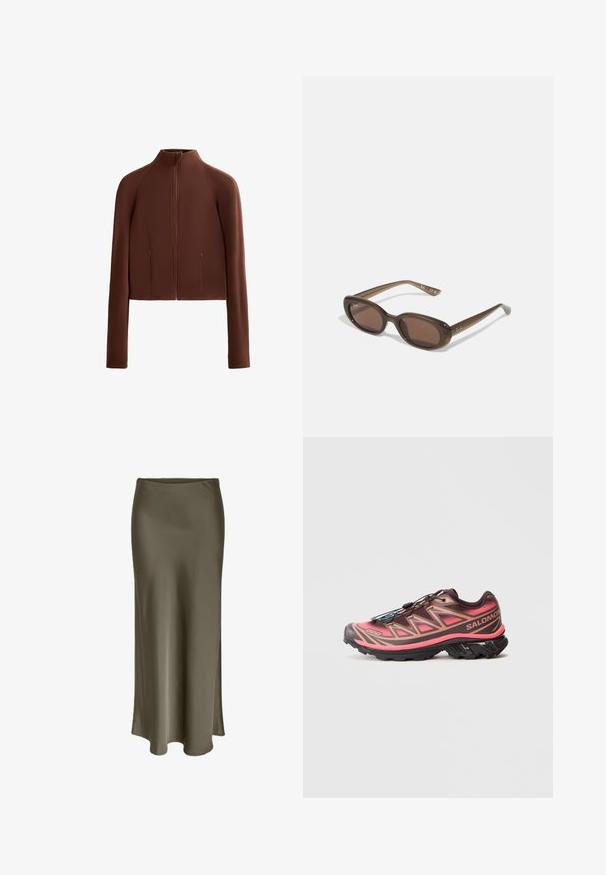 Hnedá skrátená bunda vyrobená z hladkého materiálu, s vysokým golierom a dlhými rukávmi. Zipsové predné vrecká zvyšujú jej funkčnosť.; Hnedý športový crop top s vysokým výstrihom, úzkymi ramenami tvoriacimi X vzor na chrbte, vyrobený z hladkej, elastickej látky.; Dlhá olivovo zelená sukňa vyrobená z hladkej, lesklej tkaniny, so bočným rozparkom a jemným, splývavým dizajnom, ktorý sa elegantne splýva.; Trailové bežecké topánky s gradientným hnedo-ružovým dizajnom, s textúrovaným zvrškom, čiernou podrážkou a jedinečným systémom šnurovania.; Hnedé oválne slnečné okuliare s tmavými sklami. Rám je vyrobený z priesvitného hnedého materiálu a na spánkoch má vytlačené logo.; Tkaná béžová taška s uvoľneným dizajnom a jedným ramenným popruhom. Obsahuje textúrovaný vzor po celém povrchu.