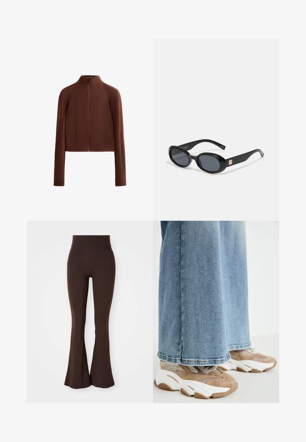 Ruskea, lyhyt takki, joka on valmistettu sileästä materiaalista ja jossa on korkea kaulus ja pitkät hihat. Vetoketjulliset etutaskut lisäävät käytännöllisyyttä.; Ruskea urheilullinen crop-top, jossa on korkea kaula-aukko ja kapeat hihnat, jotka muodostavat X-muodon selässä, valmistettu sileästä ja joustavasta kankaasta.; Ruskea levenevä trikoo, joka on valmistettu pehmeästä ja joustavasta kankaasta, jossa on korkea vyötärö ja tiukka siluetti, joka levenee nilkasta.; Steve Madden POSSESSIONE - Matalavartiset tennarit - oatmeal; Mustat ovaalit aurinkolasit tummilla linsseillä, kiiltävä muovikehys, leveät sivut ja pieni kultainen yksityiskohta toisella puolella.; Kankaan vaalea olkalaukku, jossa on rento muotoilu ja yksi olkahihna. Pintarakenteessa on teksturoitu kuvio.