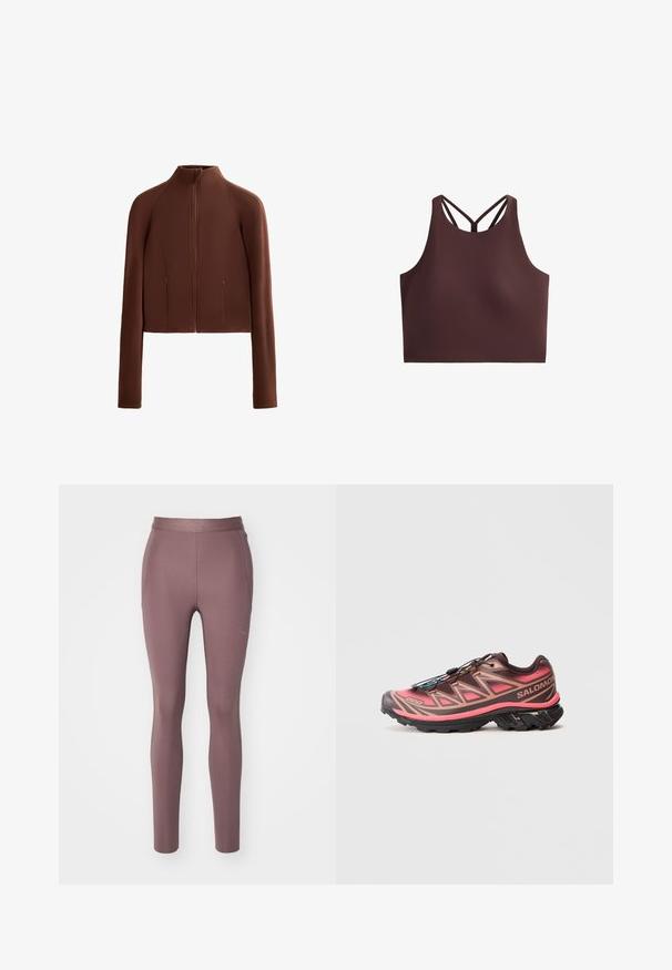 Brown, cropped jacket made of smooth material, featuring a high collar and long sleeves. Zippered front pockets add functionality.; Brown sports crop top with a high neckline, slim straps forming an X pattern at the back, made of smooth, stretchy fabric.; HOKA NOVAFLY RUN - Running tights - smokey quartz; Trail running shoe with a gradient brown and pink design, featuring a textured upper, black outsole, and unique lacing system.