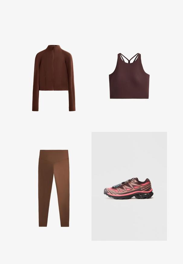 Barna, rövidített dzseki sima anyagból, magas nyakkal és hosszú ujjakkal. Cipzáras elülső zsebek növelik a funkcionalitást.; Barna sport cropped top magas nyakkal, vékony pántokkal, amelyek X alakzatot alkotnak a háton, sima, nyújtható anyagból készült.; Barna leggings sima felülettel, magas derékkal és szűkülő lábakkal, rugalmas anyagból készítve. Nincs rajta minta vagy látható fémalkatrész.; Trélifutó cipő, amelynek árnyalatai barna és rózsaszín között váltakoznak, texturált felsőrésze, fekete talpa és egyedi fűzési rendszere van.