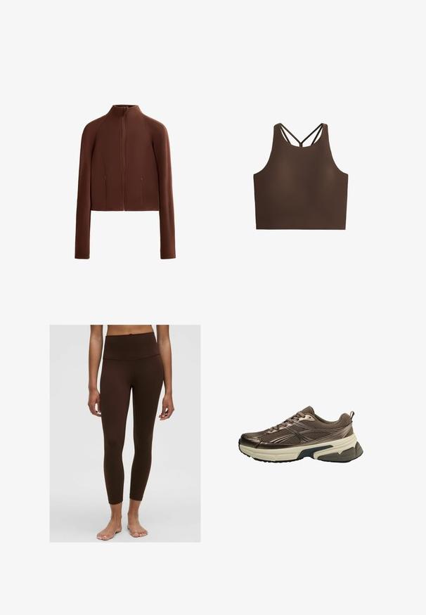 Hnedá skrátená bunda vyrobená z hladkého materiálu, s vysokým golierom a dlhými rukávmi. Zipsové predné vrecká zvyšujú jej funkčnosť.; Hnedý športový crop top s hladkou textúrou, s vysokým golierom a pretiahnutými popruhmi na chrbte pre zvýšenú oporu.; Hnedé legíny s vysokým pásom, hladkou textúrou, priliehavým strihom a dĺžkou po členky. Žiadne viditeľné vzory ani hardvérové detaily.; Hnedá športová topánka s textilným vrchom, kovovými akcentmi, hrubou bielou medzipodrážkou a textúrovanou čiernou podrážkou. Obsahuje šnúrky a poutko.