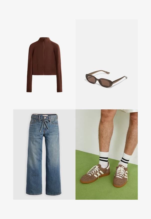 Ruskea, lyhyt takki, joka on valmistettu sileästä materiaalista ja jossa on korkea kaulus ja pitkät hihat. Vetoketjulliset etutaskut lisäävät käytännöllisyyttä.; Valkoinen hihaton toppi, jossa on säädettävät olkaimet, istuva muotoilu, sileä kankaan rakenne ja pyöreä kaula-aukko. Ei kuvioita tai metalliosia.; Vaaleansiniset leveälahkeiset farkut, jotka on valmistettu denimgarpeesta, varustettu kiristysnyörillä vyötäröllä, kahdella etutaskulla ja hienovaraisella haalistumisella tekstuuria varten.; Ruske nahkate sneakerit valkoisilla korostuksilla ja nauhoilla. Kumi-gumipohja. Yhdistetty valkoisiin sukkiin, joissa on mustia raitoja. Vihreä teksturoitu lattia.; Ruske oválne slnečné okuliare s tmavými sklami. Rám je vyrobený z priesvitného hnedého materiálu a na stranách má potlačené logo.; Kankaan vaalea olkalaukku, jossa on rento muotoilu ja yksi olkahihna. Pintarakenteessa on teksturoitu kuvio.