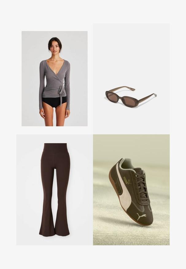 Ruskea, lyhyt takki, joka on valmistettu sileästä materiaalista ja jossa on korkea kaulus ja pitkät hihat. Vetoketjulliset etutaskut lisäävät käytännöllisyyttä.; GAI+LISVA ANNE WRAP - Pitkähihainen paita - dark gull grey; Ruskea levenevä trikoo, joka on valmistettu pehmeästä ja joustavasta kankaasta, jossa on korkea vyötärö ja tiukka siluetti, joka levenee nilkasta.; Ruskeat Puma-tennarit, joissa on vaalea raita ja logo, nauhoitettuna, lepäävät teksturoidulla vaalealla pinnalla.; Ruske oválne slnečné okuliare s tmavými sklami. Rám je vyrobený z priesvitného hnedého materiálu a na stranách má potlačené logo.; Kankaan vaalea olkalaukku, jossa on rento muotoilu ja yksi olkahihna. Pintarakenteessa on teksturoitu kuvio.