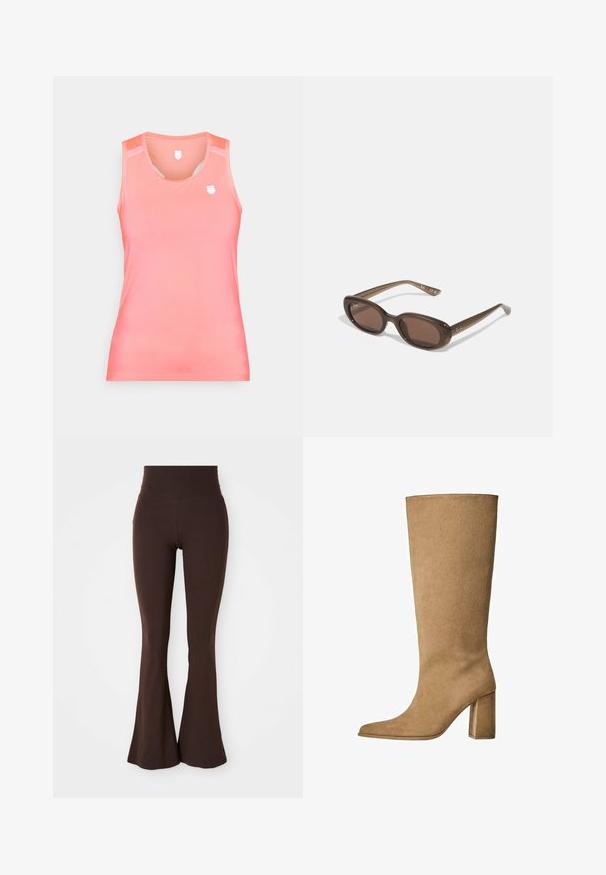 Jachetă maro, scurtă, realizată dintr-un material neted, cu guler înalt și mâneci lungi. Buzunarele frontale cu fermoar adaugă funcționalitate.; Top fără mâneci de tip tank, cu un gradient de culoare coral, realizat dintr-un material neted și elastic. Prezintă un logo mic pe piept și detalii din plasă la umeri.; Leggings maronii evazate, fabricate dintr-un material moale și elastic, având un talie înaltă și o siluetă fită care se lărgește la gleznă.; Botă din suede bej, cu înălțime până la genunchi și toc bloc, având vârful ascuțit și o textură netedă. Design minimalista, fără embellishement.; Ochelari de soare ovali maro, cu lentile închise la culoare. Ramele sunt dintr-un material translucid maro și prezintă un logo imprimat pe tempere.; Geantă țesută bej cu un design relaxat și o curea de umăr. Prezintă un model texturat pe întreaga suprafață.