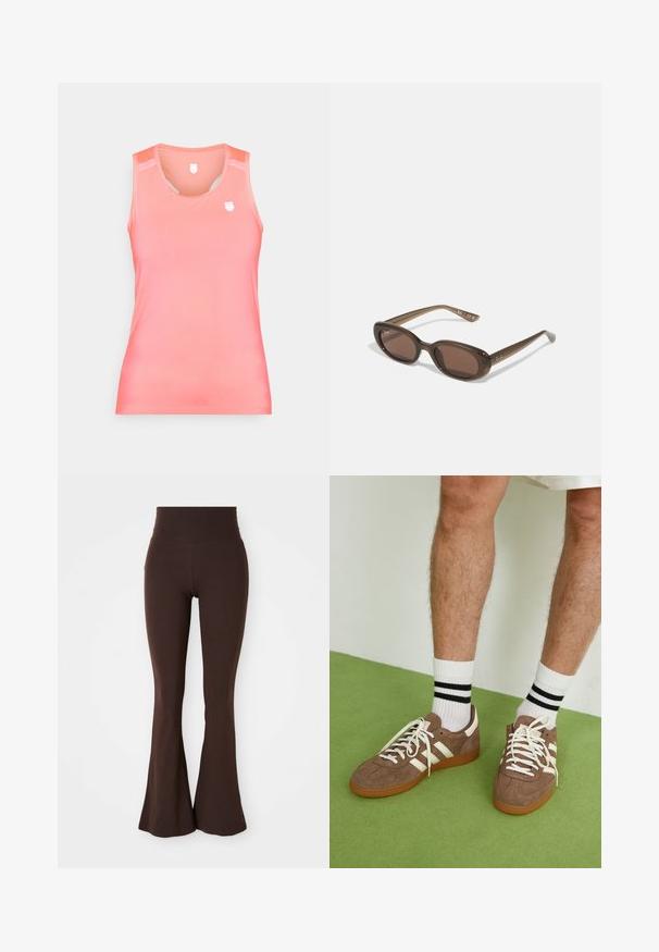 Jachetă maro, scurtă, realizată dintr-un material neted, cu guler înalt și mâneci lungi. Buzunarele frontale cu fermoar adaugă funcționalitate.; Top fără mâneci de tip tank, cu un gradient de culoare coral, realizat dintr-un material neted și elastic. Prezintă un logo mic pe piept și detalii din plasă la umeri.; Leggings maronii evazate, fabricate dintr-un material moale și elastic, având un talie înaltă și o siluetă fită care se lărgește la gleznă.; Adidași maro din suede cu accente și șireturi albe. Talpă din cauciuc de culoare caramel. Purtați cu șosete albe cu dungi negre. Pardoseală verde texturată.; Ochelari de soare ovali maro, cu lentile închise la culoare. Ramele sunt dintr-un material translucid maro și prezintă un logo imprimat pe tempere.; Geantă țesută bej cu un design relaxat și o curea de umăr. Prezintă un model texturat pe întreaga suprafață.