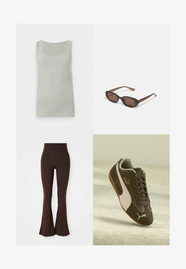 Hnedá skrátená bunda vyrobená z hladkého materiálu, s vysokým golierom a dlhými rukávmi. Zipsové predné vrecká zvyšujú jej funkčnosť.; Sivý tielko vyrobené z rebrovanej bavlny. Má zaoblený výstrih a široké ramenné popruhy, s hladkou textúrou po celom povrchu.; Hnedé rozšírené legíny vyrobené z mäkkej, elastickej tkaniny, s vysokým pásom a priliehavou siluetou, ktorá sa rozširuje pri členku.; Hnedé tenisky Puma so béžovým pruhom a logom, šnurované, odpočívajúce na textúrovanom béžovom povrchu.; Hnedé oválne slnečné okuliare s tmavými sklami. Rám je vyrobený z priesvitného hnedého materiálu a na spánkoch má vytlačené logo.; Tkaná béžová taška s uvoľneným dizajnom a jedným ramenným popruhom. Obsahuje textúrovaný vzor po celém povrchu.