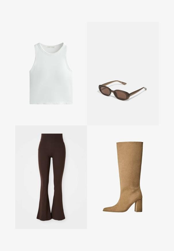 Hnedá skrátená bunda vyrobená z hladkého materiálu, s vysokým golierom a dlhými rukávmi. Zipsové predné vrecká zvyšujú jej funkčnosť.; Biely rebrovaný top bez rukávov so širokými ramienkami a okrúhlym výstrihom. Vyrobený z mäkkého, elastického materiálu pre pohodlie a prispôsobenie.; Hnedé rozšírené legíny vyrobené z mäkkej, elastickej tkaniny, s vysokým pásom a priliehavou siluetou, ktorá sa rozširuje pri členku.; Hnedé semišové čižmy po kolená s blokovým podpätkom, so špicatou špičkou a hladkou textúrou. Minimalistický dizajn bez ozdôb.; Hnedé oválne slnečné okuliare s tmavými sklami. Rám je vyrobený z priesvitného hnedého materiálu a na spánkoch má vytlačené logo.; Tkaná béžová taška s uvoľneným dizajnom a jedným ramenným popruhom. Obsahuje textúrovaný vzor po celém povrchu.