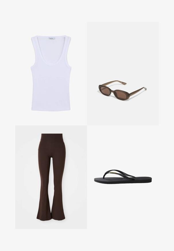 Giacca marrone, corta, realizzata in materiale liscio, con colletto alto e maniche lunghe. Le tasche anteriori con cerniera aumentano la funzionalità.; Top senza maniche bianco con colletto rotondo, realizzato in tessuto a coste. Presenta una vestibilità aderente e una texture liscia. Etichetta visibile all'collo.; Leggings marroni a campana realizzati in tessuto morbido ed elastico, con una vita alta e una silhouette aderente che si allarga alla caviglia.; Infradito neri con suola testurizzata, sottili fasce in gomma e un piccolo dettaglio metallico sulla fascia. Design semplice e piatto.; Occhiali da sole ovali marroni con lenti scure. La montatura è realizzata in un materiale marrone trasparente e presenta un logo stampato sulle tempie.; Borsa tote beige intrecciata con un design morbido e una sola tracolla. Presenta un motivo Texturizzato su tutta la superficie.