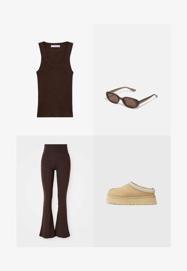 Brown, cropped jacket made of smooth material, featuring a high collar and long sleeves. Zippered front pockets add functionality.; Mango RIRIN - Top - brown; Brown flared leggings made from soft, stretchy fabric, featuring a high waistband and a fitted silhouette that flares at the ankle.; Tan suede slip-on shoe with a padded collar and textured light blue accent. Features a thick, durable outsole with a patterned tread.; Brown oval sunglasses with dark lenses. Frame has a transparent brown material and features a logo printed on the temples.; Woven beige tote bag with a slouchy design and a single shoulder strap. Features a textured pattern throughout the surface.