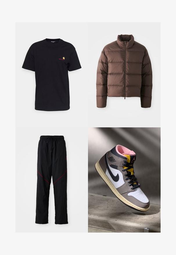 Brown puffer jacket with high collar and front zipper, featuring horizontal quilted sections and elastic cuffs for warmth.; Black cotton t-shirt with short sleeves, round neck, and small colorful logo on the left chest. Classic cut with a smooth texture.; Black athletic pants with a textured finish, featuring a drawstring waist, red accent lines, and a loose fit.; High-top Nike Air Jordan sneaker in white, grey, and black with pink interior and yellow tongue, positioned on a concrete surface.