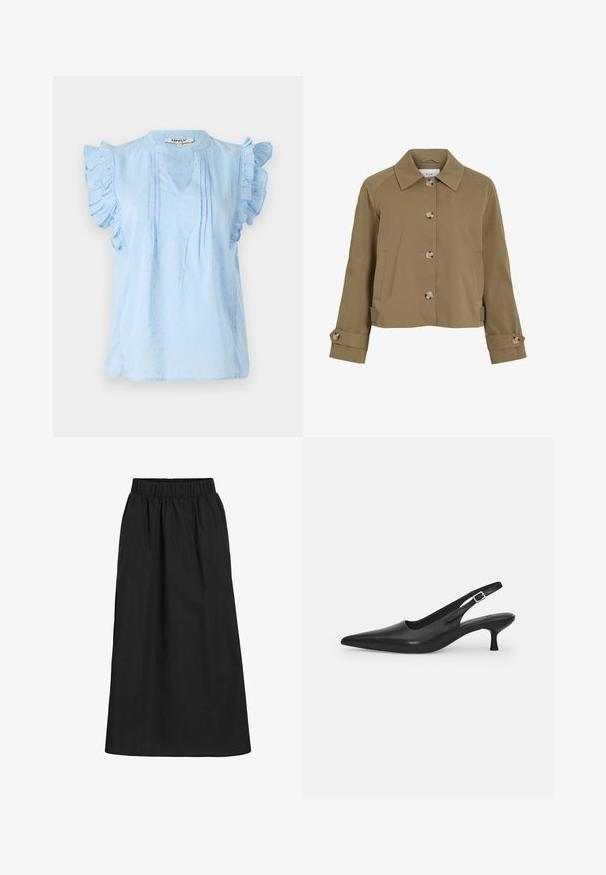 Khakifarbene Kurzjacke mit geradem Schnitt, Kragen, sechs Knöpfen, seitlichen Taschen und umgeschlagenen Ärmelabschlüssen mit Knopfakzenten. Glatte Textur, leichtes Gewebe.; Helle blaue Bluse mit Rüschensleeves, V-Ausschnitt, strukturiertem Muster und Paspelverzierungen an der Front. Aus weichem Stoff gefertigt.; Schwarzer, knielanger Rock aus weichem, leichtem Stoff. Verfügt über einen elastischen Bund und ein einfaches, fließendes Design ohne Verzierung.; Schwarzer Leder-Slingback-Schuh mit spitzer Zehenform und schmalem, geschwungenem Absatz. Verfügt über einen unauffälligen verstellbaren Riemen mit einer Metallschnalle.