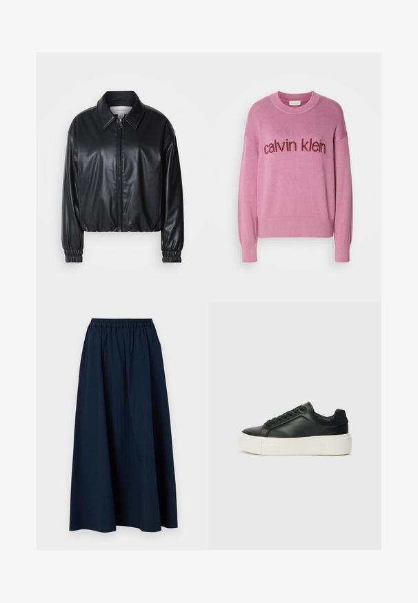 Svart cropped jakke i faux skinn med glidelås foran, spiss krage og elastiske mansjetter. Har minimal merkevareprofil på brystet.; Rosa strikket genser med rund hals, lange ermer, og merkevarenavnet "calvin klein" i mørkerosa over forsiden.; Mørkeblå, hel lengde skjørt laget av teksturert stoff med elastisk midje og subtile vertikale striper.; Sorte lær sneakers med rund tå, hvit plattformsåle og svarte snøring. Har en subtil logo på hælen og jevn tekstur.