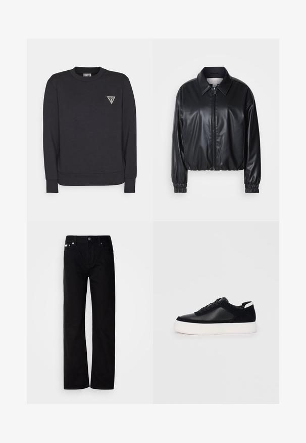 Giacca nera corta in ecopelle con zip frontale, colletto a punta e polsini elastici. Presenta una grafica minimalista sul petto.; Felpa nera in tessuto morbido, con colletto rotondo, maniche lunghe e un piccolo logo triangolare sul petto.; Pantaloni in denim nero a gamba dritta con cinque tasche, rivetti argentati e chiusura con bottone. Il tessuto ha una finitura liscia e leggermente testurizzata.; Sneaker nera con pannelli in pelle liscia e suede, lacci piatti, punta arrotondata e suola in gomma bianca. Logo distintivo sul tallone.