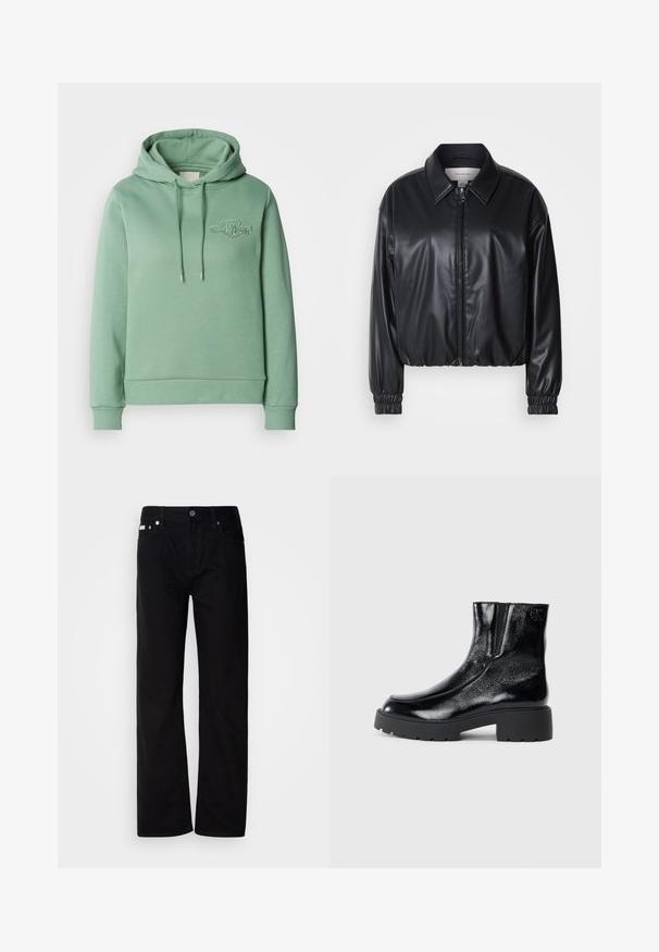 Jacket cropped preto em couro sintético com fecho zip, colarinho pontudo e punhos elásticos. Apresenta uma marcação mínima no peito.; Sweatshirt verde hortelã com bolso canguru, capuz com cordão, punhos canelados e um pequeno logótipo bordado no peito. Tecido macio em mistura de algodão.; Calças de ganga pretas de perna reta com cinco bolsos, rebites prateados e fecho de botão. O tecido tem um acabamento suave e ligeiramente texturizado.; Botas de tornozelo pretas com acabamento em pele envernizada brilhante, sola de borracha preta robusta e salto elevado; inclui um detalhe discreto do logótipo na lateral.