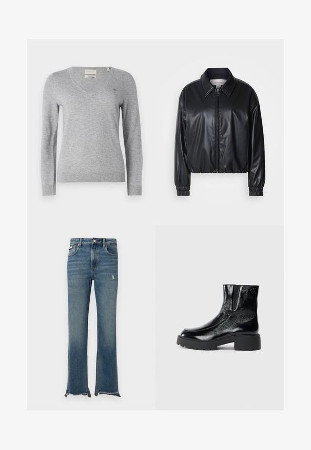 Schwarze, taillierte Jacke aus Kunstleder mit einem Reißverschluss vorn, spitzem Kragen und elastischen Bündchen. Verfügt über eine minimale Markenkennzeichnung auf der Brust.; Grauer V-Ausschnitt-Pullover aus weichem Material, mit langen Ärmeln und einem kleinen Logodetail auf der Brust. Gerippter Saum und Bündchen.; Blaue Jeans aus Denim mit leichter Used-Optik, rohen, ausgefransten Säumen, Fronttaschen, Gürtelschlaufen und Knopfverschluss.; Schwarze Knöchelstiefel mit glänzender Lackleder-Oberfläche, einer kräftigen gummierten schwarzen Sohle und Absatz; mit dezentem Logodetail an der Seite.