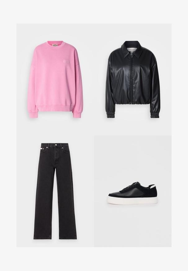 Crna skraćena jakna od umjetne kože s prednjim patentnim zatvaračem, oštrim ovratnikom i elastičnim manžetama. Ima minimalno brendiranje na prsima.; Ružičasti dukserica od pamuka, s okruglim izrezom, dugim rukavima, rebrastim manžetama i malim logotipom izvezenim na prsima.; Crne široke traperice od denima, s visokim strukom, pet džepova i metalnim zatvaranjem s kontrastnim šavovima.; Crne tenisice s glatkom kožom i panelima od antilopa, ravne vezice, zaobljenim vrhom i bijelim gumeni potplat. Izraziti logo na peti.