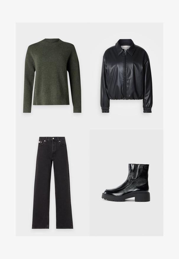 Juodas trumpas švarkas iš dirbtinės odos su užtrauktuku priekyje, smailiu apykaklės dizainu ir elastingomis rankovėmis. Švarke minimalus prekės ženklas ant krūtinės.; Samsøe Samsøe ANOUR - Džemperis - forest night; Juodos plačios kojų džinsai, pagaminti iš džinsinio audinio, su aukštu liemeniu, penkių kišenių stiliumi ir metaline sagte su kontrastingo siuvimo detalėmis.; Juodi kulkšniniai batai su blizgia lakuota oda, storu juodu guminio pado ir pakeltu kulnu; šone yra subtilus logotipo detalė.