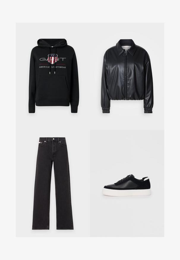 Jacket cropped preto em couro sintético com fecho zip, colarinho pontudo e punhos elásticos. Apresenta uma marcação mínima no peito.; Moleton preto em algodão com um bolso frontal, capô ajustável com cordão e um logótipo gráfico apresentando um escudo e texto em vermelho e cinza.; Jeans de perna larga pretos feitos de denim, apresentando uma cintura alta, estilo de cinco bolsos e um fecho em botão de metal com costura contrastante.; Sapatilha preta com painéis de pele lisa e camurça, atacadores planos, bico arredondado e sola de borracha branca. Logótipo distinto no calcanhar.