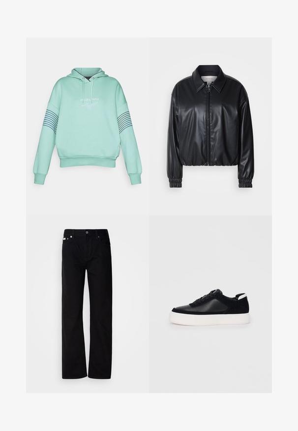Juodas trumpas švarkas iš dirbtinės odos su užtrauktuku priekyje, smailiu apykaklės dizainu ir elastingomis rankovėmis. Švarke minimalus prekės ženklas ant krūtinės.; Mėtų žalios spalvos džemperis su raišteliu, glotniais rankogaliais ir logotipu priekyje. Ant rankovių yra jūrų stiliaus horizontalių juostų.; Juodi džinsai tiesaus kirpimo su penkiomis kišenėmis, sidabriniais kabliukais ir mygtukų užtrauktuku. Medžiaga turi lygią, šiek tiek tekstūruotą apdailą.; Juodi sportbačiai su lygiu oda ir zomšinėmis detalėmis, plokščiomis raišteliais, apvaliu walko ir balta guma iš baze. Išskirtinė logotipas ant kulno.