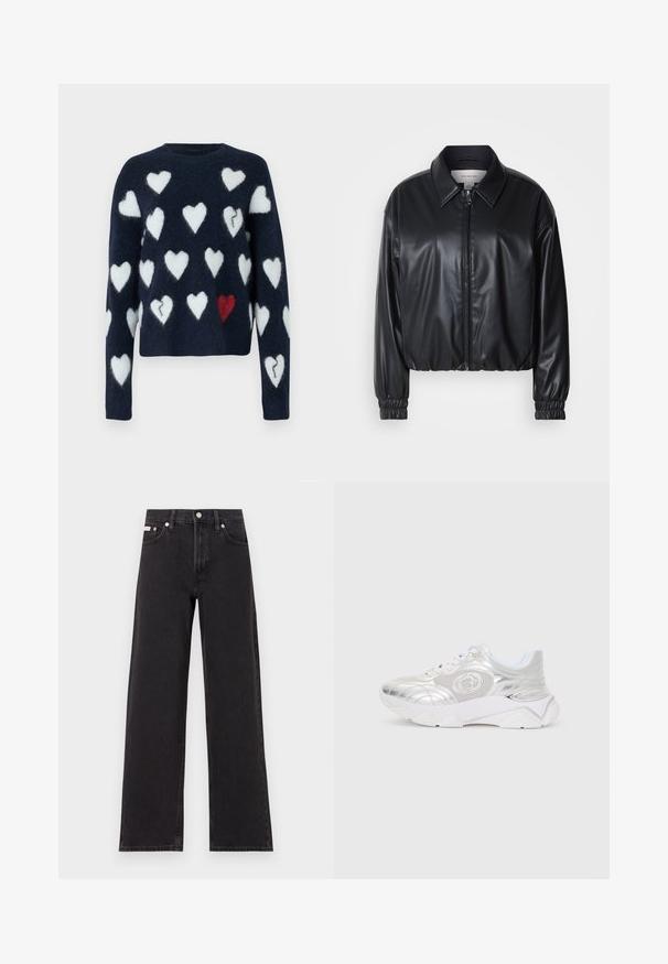 Czarna krótka kurtka z ekoskóry z zamkiem z przodu, spiczastym kołnierzem i elastycznymi mankietami. Posiada minimalistyczne logo na klatce piersiowej.; Granatowy sweter z puszystego materiału, z wzorem białych i jednego czerwonego serca. Okrągły dekolt, długie rękawy, krótki krój.; Czarne dżinsy o szerokich nogawkach, wykonane z denimu, z wysokim stanem, pięcioma kieszeniami oraz metalowym zapięciem z kontrastowym szwem.; Srebrny sneaker z wzorzystym połyskiem, z siateczkowym wierzchem, białymi sznurowadłami i masywną białą podeszwą z teksturowanymi akcentami.