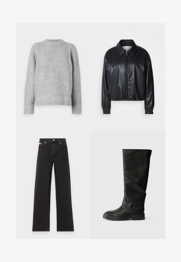 Giacca nera corta in ecopelle con zip frontale, colletto a punta e polsini elastici. Presenta una grafica minimalista sul petto.; Maglione grigio a collo rotondo realizzato in tessuto a maglia texturizzato, con maniche lunghe, una vestibilità comoda e senza motivi visibili.; Jeans neri a gamba larga in denim, con vita alta, styling a cinque tasche e chiusura con bottone metallico e cuciture a contrasto.; Stivali neri al ginocchio realizzati in pelle liscia, con punta rotonda, suola spessa e una cinghia orizzontale con un dettaglio in fibbia rettangolare.