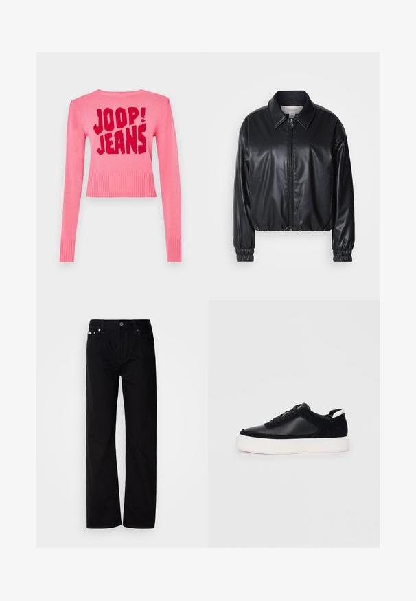 Črna krajša jakna iz umetnega usnja z zadrgo spredaj, koničastim ovratnikom in elastičnimi manšeti. Ima minimalno blagovno oznako na prsih.; Roza pletena kratka jopica z dolgimi rokavi, z bold rdečim napisom "JOOP! JEANS" spredaj ter rebrastimi manšetami in robom. Gladka tekstura.; Črne jeanske hlače ravnega kroja s petimi žepi, srebrnimi zakovicami in gumbom za zapiranje. Tkanina ima gladko, rahlo strukturirano površino.; Črne športne copate z gladko usnjeno in semišnimi paneli, ravnimi vezalkami, zaobljenim nosom in belim gumijastim podplatom. Oznaka na peti.